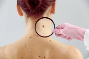 A dermatologist examining moles on neck on young women