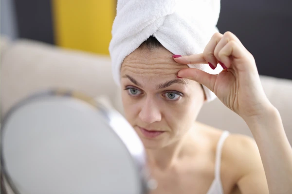Woman noticing forehead wrinkles – signs of aging on face