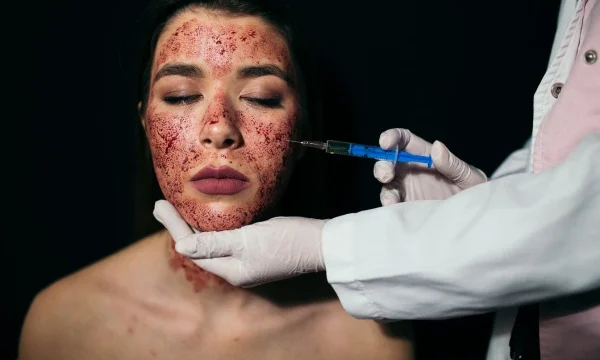 A patient taking vampire facial treatment in a sterile condition