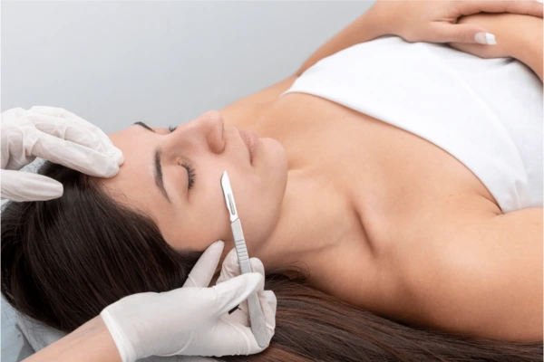 A therapist performing dermaplaning treatment