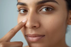 A women pointing her blackheads on nose