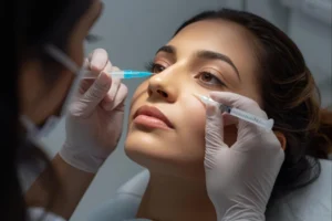 A women taking botox wrinkle treatment in a sterilized room