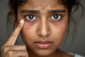 A women pointing her dark circles