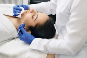 a dermatologist performing comedone extraction treatment