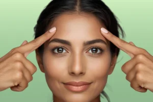 A women pointing her forehead pigmentation
