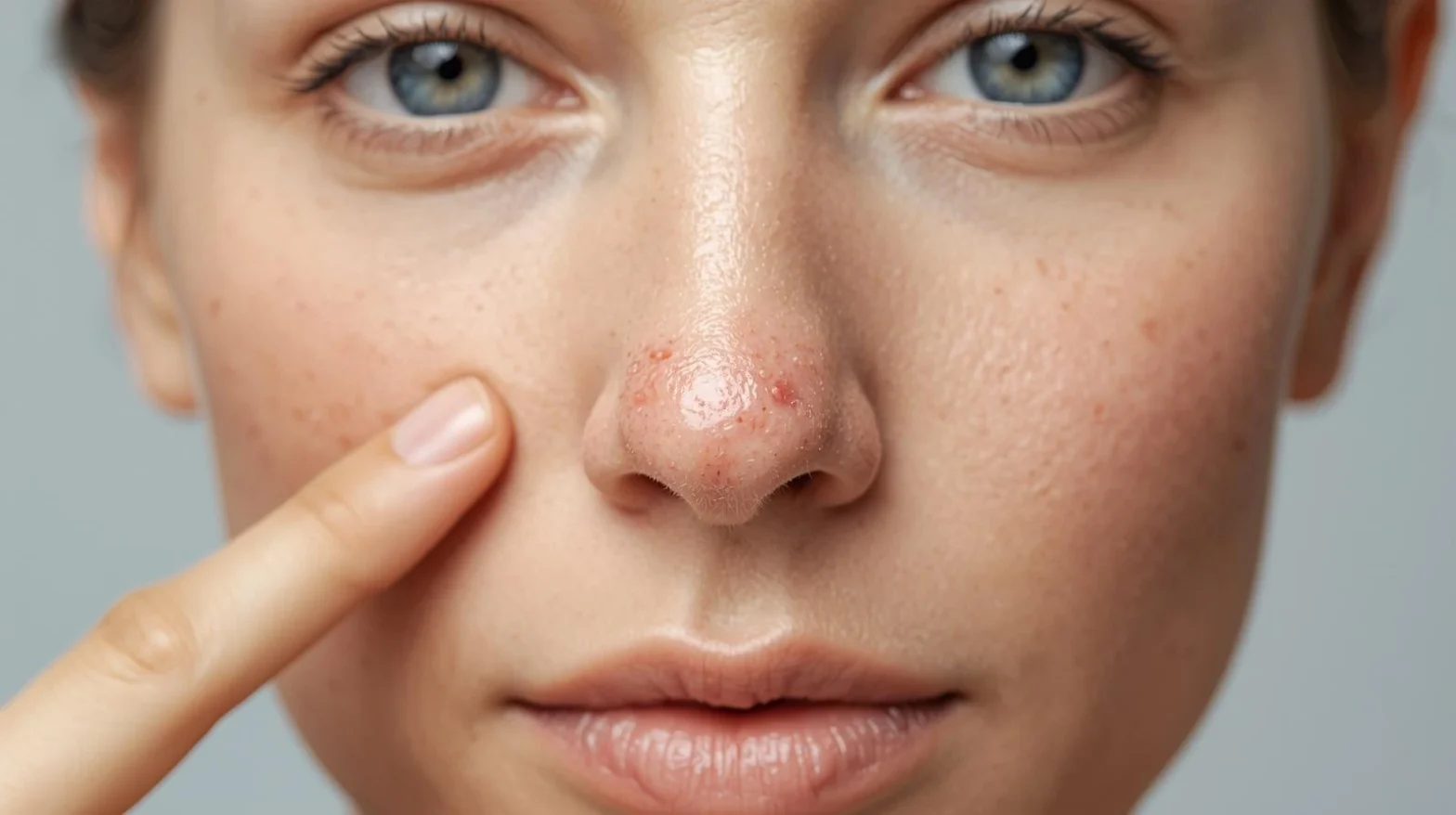 A women pointing her pimples on nose
