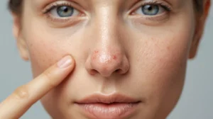 A women pointing her pimples on nose