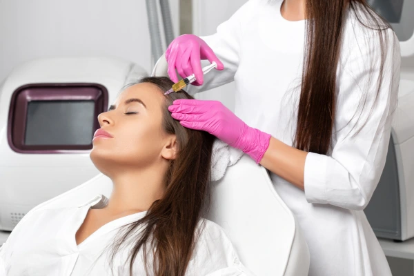 A dematologist performing PRP hair treatment 