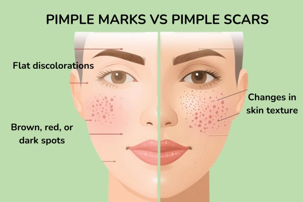 A women face image differentiating pimple marks and scars