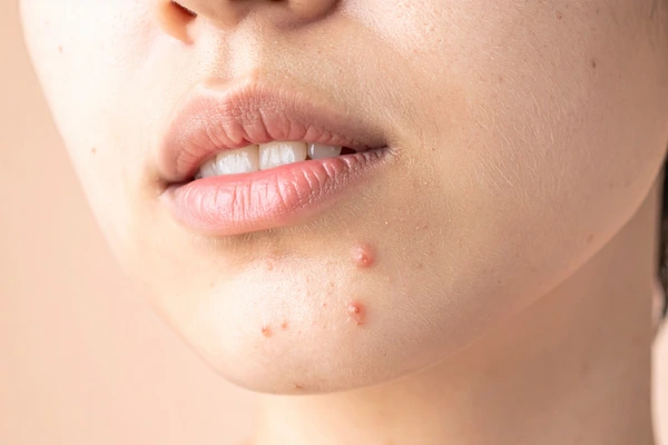 A middle aged women with pimples on chin